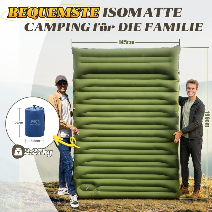 Килимок для сну для кемпінгу, подвійний кемпінговий матрац 12 см, надлегкий надувний матрац для сну для 2 осіб, невеликий розмір упаковки з ножним насосом та подушкою для подорожей, відпочинку на природі, походів, наметів, пляжу, зелений