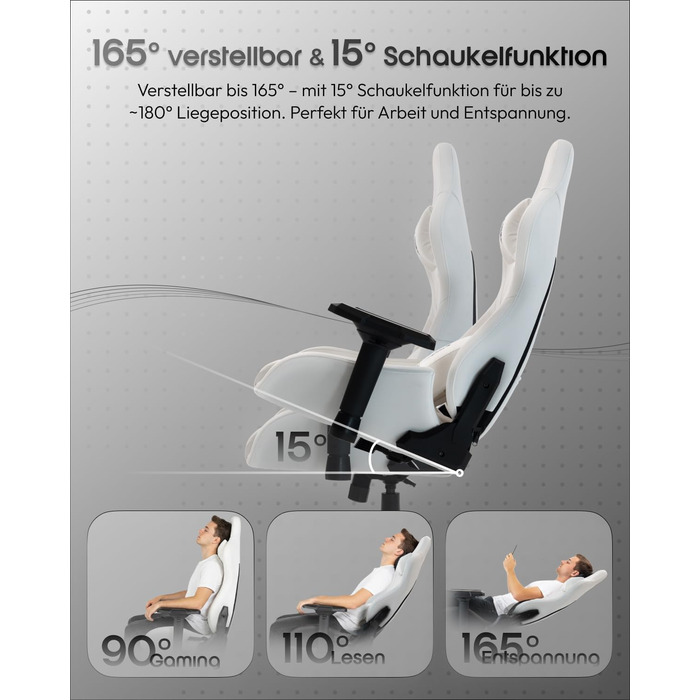 Ігрове крісло Dowinx з 4D підлокітниками та функцією гойдання 15, регульоване масажне ігрове крісло 165, ергономічне ігрове крісло, гоночний дизайн для геймерів та кіберспорту, вантажопідйомність 135 кг, білий колір