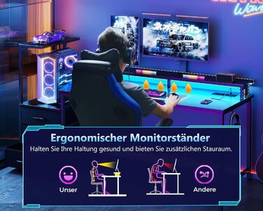 Ігровий стіл Coleshome з шухлядами, 15150 см, ігровий стіл зі світлодіодним освітленням та розеткою, комп&39ютерний стіл з полицями та підставкою для монітора, чорний колір з вуглецевого волокна