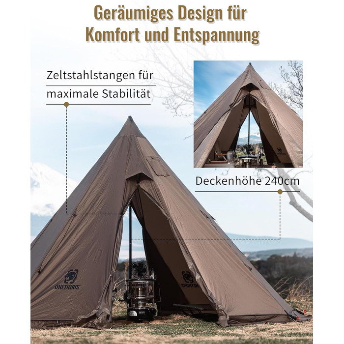 Намет OneTigris Rock Fortress, намет-тіпі, намет-хребет для 4-6 осіб, пірамідальний намет зі штангою, 4-сезонний кемпінговий намет, водяний стовп 3000 мм для активного відпочинку, кемпінгу, пішого туризму, трекінгу, кольору койота