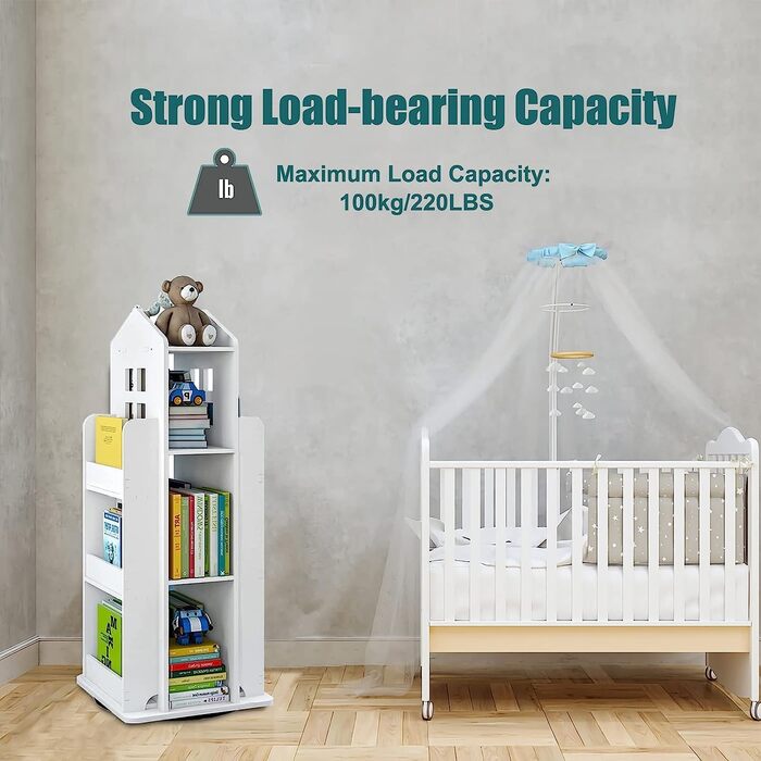 Рівнева обертова книжкова полиця для дітей, полиця, обертова полиця, біла, обертова книжкова полиця, підлогова полиця, дитяча книжкова полиця для спальні, вітальні, кабінету, 40x40x95 см, 3-