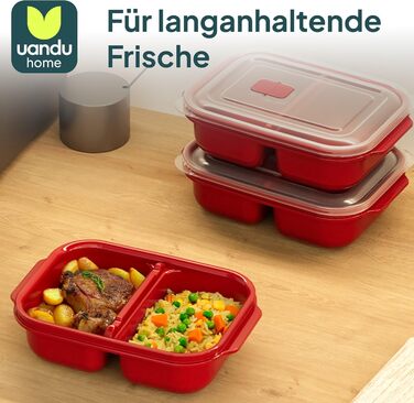 Контейнери для зберігання продуктів uandu з кришками, 2 відділення, набір з 3 предметів для мікрохвильової печі, герметичні контейнери для зберігання продуктів, коробки для приготування їжі, пластикові коробки без BPA з кришками, червоні, 3 x 1200 мл