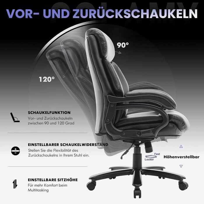 Крісло керівника COLAMY XXL 181 кг - Офісне крісло зі шкіри з високою спинкою, регульованими підлокітниками та структурованою спинкою - Надзвичайно широке сидіння (59 см) для домашнього офісу та офісу, Чорний Black-002 Oversized