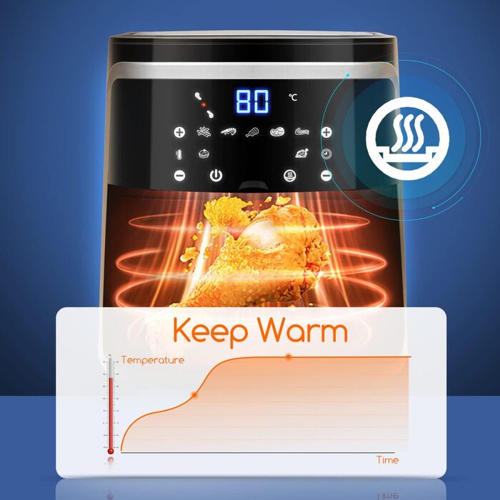 Аерофритюрниця 7L XXL, фритюрниця 1900 Вт, 7 програм, тримайте тепло, 20 рецептів, без олії, для 6-10 осіб, фритюрниця з цифровим світлодіодним сенсорним екраном, чорна