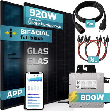 Двофазна балконна електростанція SUNNIVA 920 Вт, повністю чорна, з інвертором Beny 800 Вт, фотоелектричною сонячною системою, 2 сонячними модулями зі скла по 460 Вт, включаючи кабель 5 м, повний комплект фотоелектричної системи 920/800 Вт