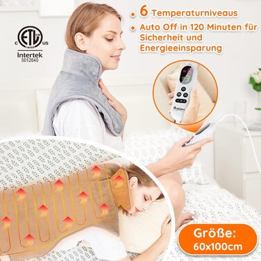 Грілка для спини, плечей та шиї, 60x100 см, з поясним ременем, швидкий нагрів, 6 налаштувань температури, таймер автоматичного вимкнення, фланель, можна прати в пральній машині, штекер ЄС, сірий, 60x100 см, комфортний сірий