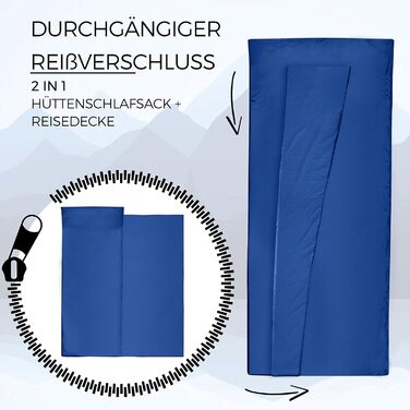 Ультралегкий спальний мішок 2-в-1 із блискавкою (лівий або правий) тонкий, зручний дорожній спальний мішок та дорожня ковдра XL в одному - літній спальний мішок, внутрішній спальний мішок темно-синього кольору - блискавка праворуч