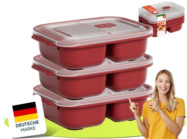 Контейнери для зберігання продуктів uandu з кришками, 2 відділення, набір з 3 предметів для мікрохвильової печі, герметичні контейнери для зберігання продуктів, коробки для приготування їжі, пластикові коробки без BPA з кришками, червоні, 3 x 1200 мл