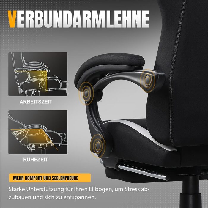 Ігрове крісло GTPLAYER, ігрове крісло, дихаюче офісне крісло з високоякісної тканини, ергономічне крісло для ПК, регульоване та поворотне робоче крісло 150 кг, чорно-біле