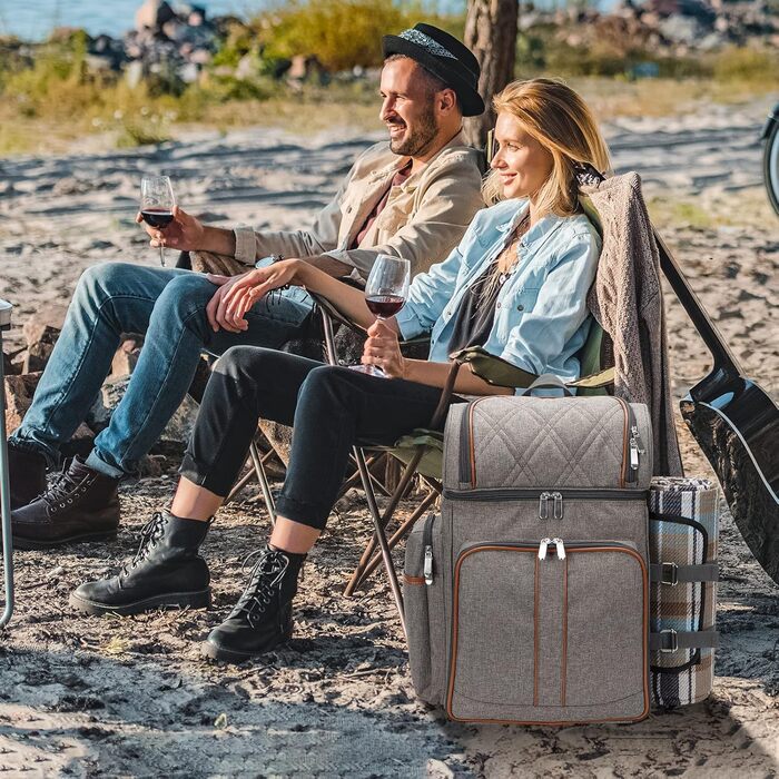 Рюкзак для пікніка на 4 особи, набір кошиків для пікніка, герметична сумка для пікніка, пляжний рюкзак-холодильник з ізольованою сумкою-холодильником, ковдра для пікніка, кемпінговий, колір хакі з брашуванням для парку