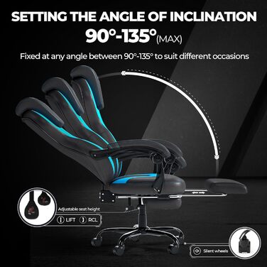Геймерське крісло з підставкою для ніг та підголівником, ергономічне крісло керівника для дорослих, велике ігрове крісло з поперековою опорою, обертове крісло зі штучної шкіри для ігрової обстановки та домашнього офісу (274-Blue)