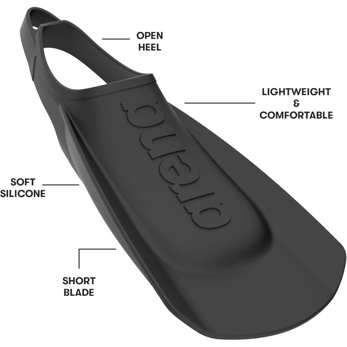 Ласти для плавання Arena для дорослих, унісекс, зручні, легкі, для чоловіків та жінок, силіконові, коротке лезо, відкрита п&39ята, розміри 7,5-9, чорні