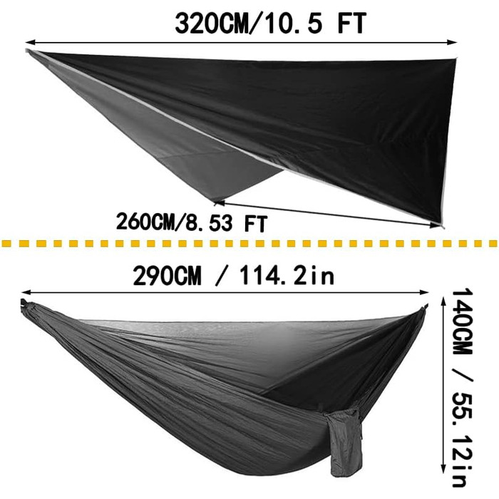 Набір кемпінгових гамаків, одинарний двомісний гамак, москітна сітка, сітка від комах, дощовик, підвісне ліжко з парашутної тканини високої міцності. Підходить для активного відпочинку, походів, кемпінгу, подорожей чорний
