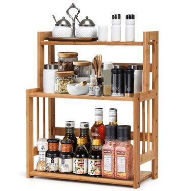Бамбукова підставка для спецій GIANTEX, 3 яруси, кутовий органайзер для кухонних полиць, підставка для спецій з натурального дерева, кухонна підставка для спецій, стояча кухонна полиця, система кухонних полиць, органайзер для спецій, кухонний органайзер