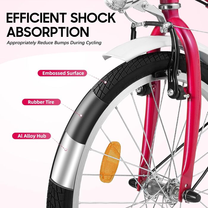 Преміальний 20-дюймовий велосипед для дівчаток, 6 швидкостей, рожевий, рама з вуглецевої сталі з передніми та задніми гальмами, регулювання висоти для зросту 145-165 см, максимальне навантаження 90 кг