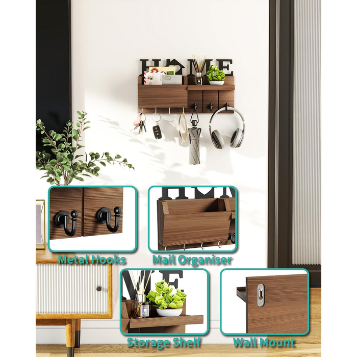 Ключниця HapiRm з декором HOME, дерев'яна ключниця з 7 гачками для ключів, ключниця з полицею Підходить для вхідної зони, вхідних