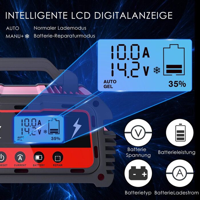 Автомобільний зарядний пристрій 12/24В 5/10/25А Зарядний пристрій Автомобільний повністю автоматичний 6-ступінчастий зарядний прис