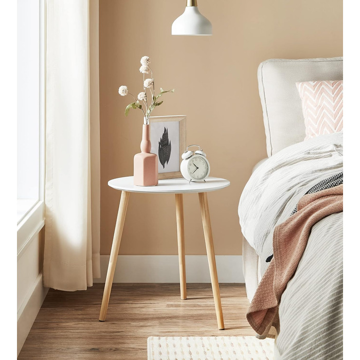 Круглий журнальний набір, 2 сучасних журнальних столики, мінімалістичний, скандинавський стиль, журнальні столики з ніжками з масиву дерева, комбінація столів для вітальні, балкону, соснова деревина LET07WN білий натуральний