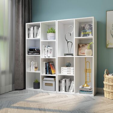 Книжкова полиця Mondeer, дерев&39яна полиця з 4 відділеннями, сучасний білий колір для вітальні, спальні, дитячої кімнати, 330,3x120 см