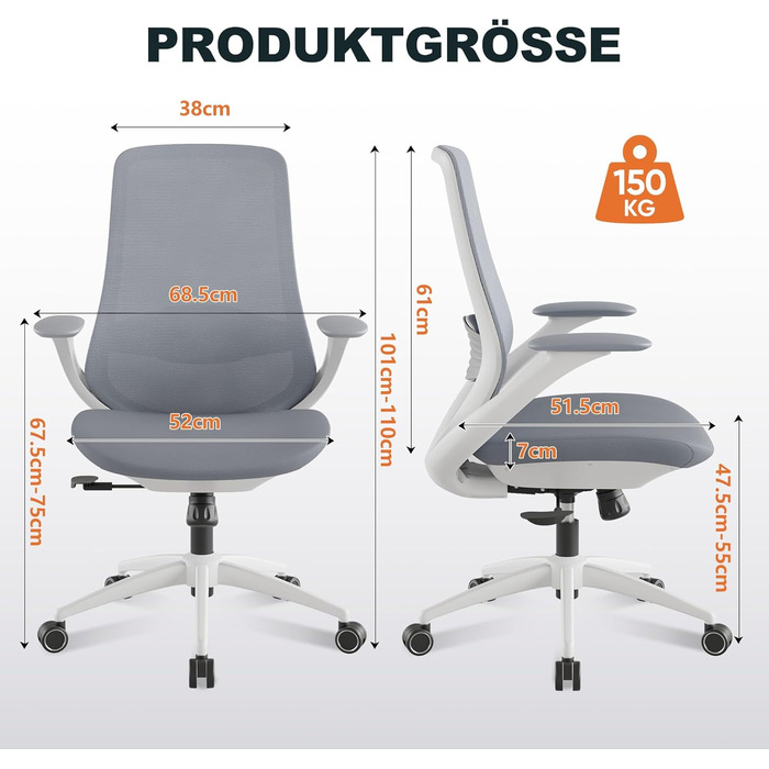 Ергономічне офісне крісло, обертове стільце для столу, регульовані підлокітники, поперекова підтримка, газова пружина, функція нахилу спинки, широке сидіння 68,5 см для офісу, домашнього офісу, кабінету, без підставки для ніг - Gery