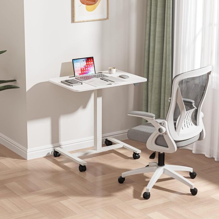 Комп&39ютерний стіл Dripex з регульованою висотою та коліщатками, невеликий стіл, мобільний стіл для роботи стоячи, тумбочка біля ліжка, бічний столик для вітальні, комп&39ютерний стіл для роботи сидячи та стоячи, білий, 48 x 72 x 112 см