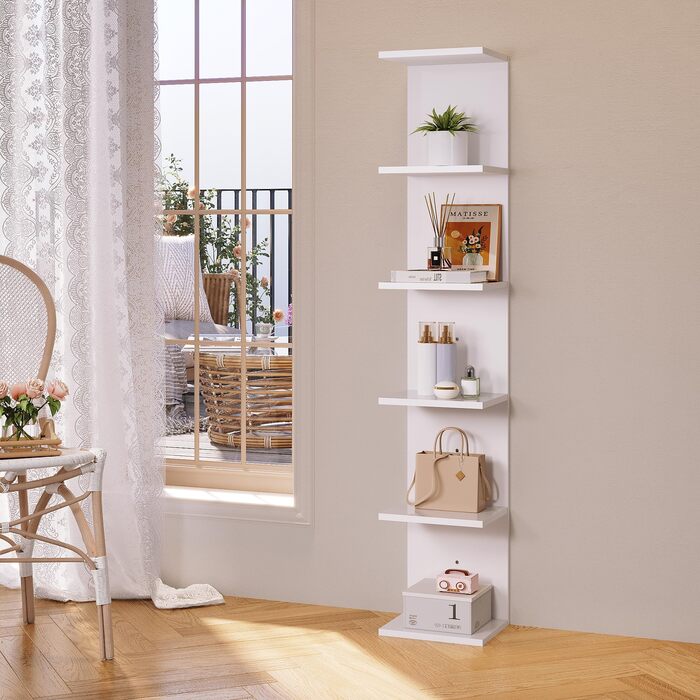 Книжкові полиці SONNI, настінна полиця, 6 полиць, які можна використовувати як настінну або окремостоячу полицю, полиця для книг, журналів, декору, окремостояча полиця в індустріальному стилі для вітальні, кухні, домашнього офісу, біла, 30x24,8x160 см. Бі