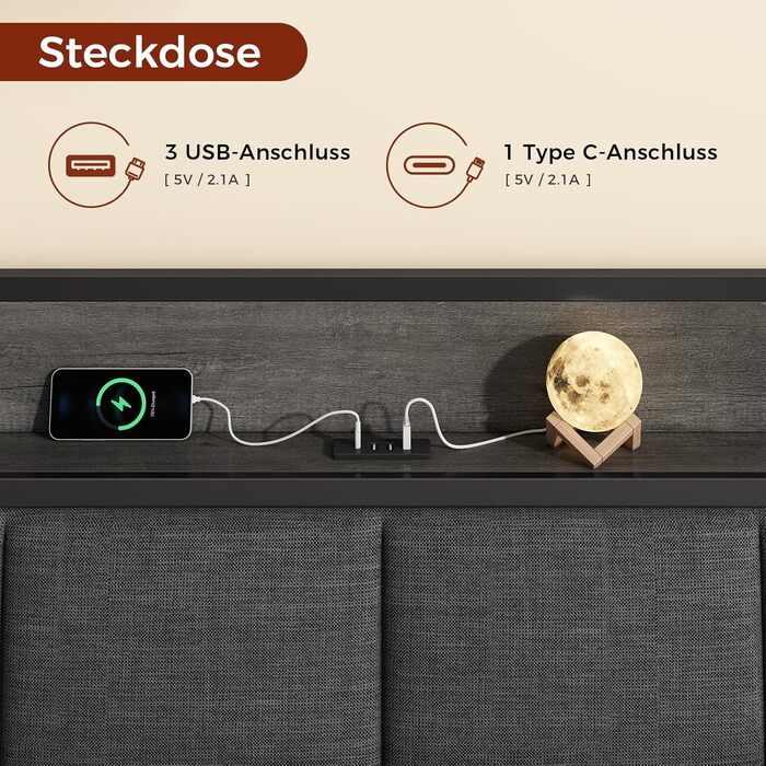 Ліжко 140 x 200, ліжко зі світлодіодним підсвічуванням, м&39яке ліжко 140 x 200, візуальний ефект плаваючого дизайну, зарядна станція, каркас ліжка з рейковою основою, для спальні, гостьової кімнати, лляна тканина сірого кольору 140 x 200 см сірого кольор