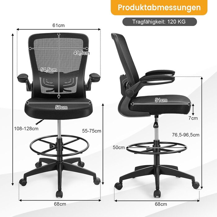 Робоче крісло COSTWAY, офісне крісло з відкидними підлокітниками та регульованою опорою для ніг, висота сидіння 55-75 см, високе поворотне крісло, ергономічне комп&39ютерне крісло, письмове крісло з високою спинкою, висота сидіння 55-75 см