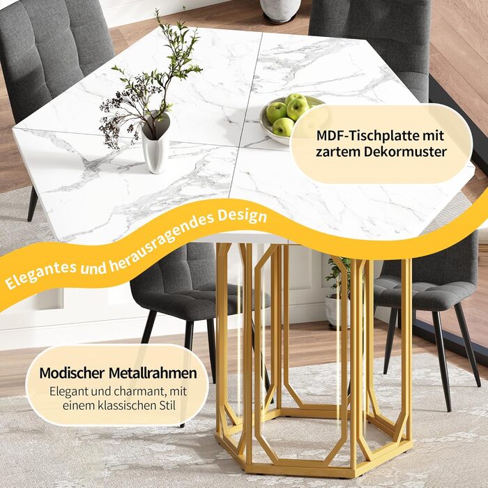 Шестигранний обідній стіл Merax, великий сучасний кухонний обідній стіл для 4-6 осіб, стільниця з МДФ з мармуровим візерунком, міцна металева основа золотого кольору, для кухні, вітальні, 110,2 x 95,4 см (110,2 x 95,4 x 75,5 см) Мармуровий візерунок та зо
