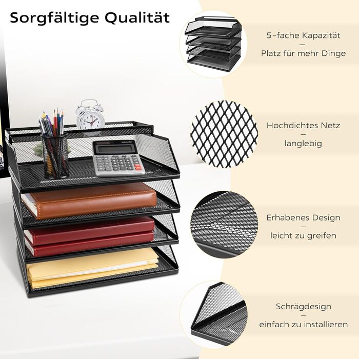 Штабелювані лотки для документів 5-ярусний лоток для листів великої місткості (32 x 25 x 30 см), підходить для зберігання офісного приладдя та документів (чорний колір)