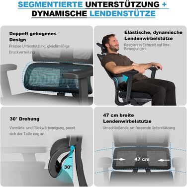 Офісний стілець 200 кг, 3-етапний механізм блокування, ергономічний офісний стілець XXL, ширший та більший, для зросту 160-202 см, широкі 3D підлокітники, динамічна поперекова підтримка, стілець з пінопласту XXL (щільність 40)