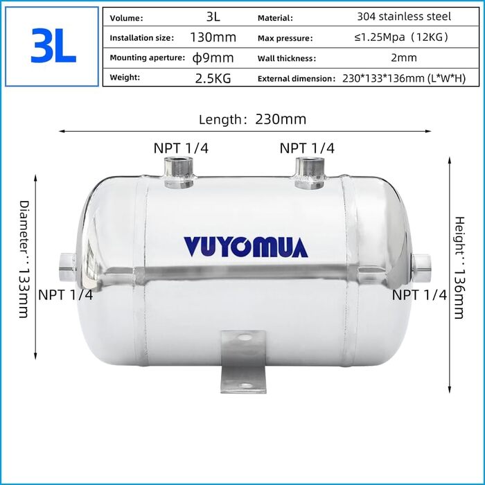 Міні-невеликий портативний повітряний бак високого тиску з нержавіючої сталі Резервуар для зберігання води з повітряним резервуаром (0,8 л-SG) (3L-SG), 304