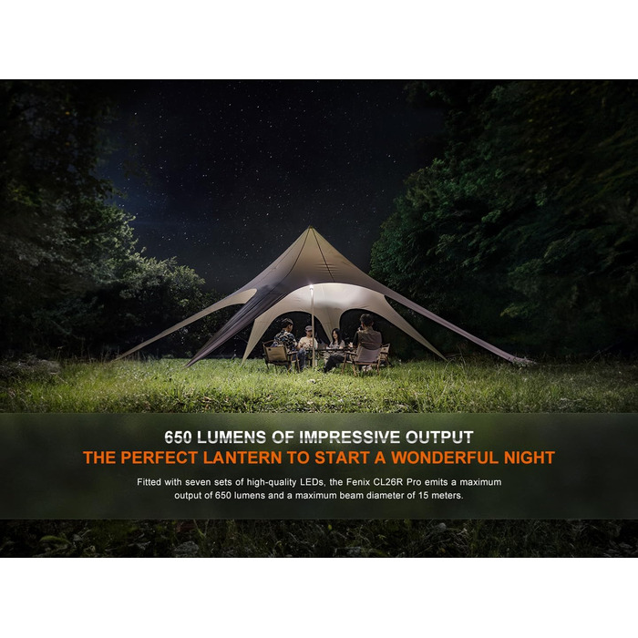 Ліхтар для кемпінгу Fenix CL26R Pro LED зовнішній акумулятор, макс. 650 люмен, біле та червоне світло, акумулятор 5000 мАг, заряджання через USB-C, оливково-зелений корпус.