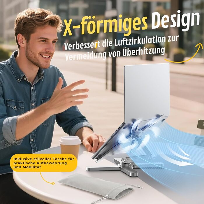 Підставка для ноутбука FoldWise X Алюмінієва, поворотна на 360, складана, з регулюванням висоти та кута нахилу Стабільна та портативна підставка для ноутбука, тримач для MacBook та компютера діагоналлю 11-18 дюймів, срібляста