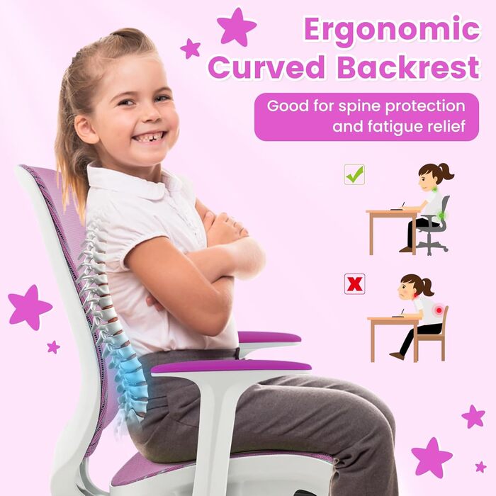 Дитяче офісне крісло FANTASK, регульована висота 43-55 см, поворотне на 360 зі спинкою, підлокітниками та колесами, ергономічне офісне крісло для дітей 6-15 років (фіолетове)