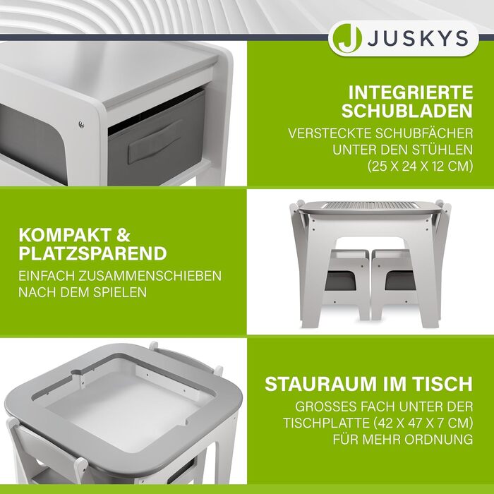 Дитячий комплект сидіння Juskys Milou - Комплект з 2 стільцями та 1 столом - Дерев&39яний дитячий стіл - Ігровий стіл з місцем для зберігання - Комплект сидіння для дітей, Художній стіл - Сірий