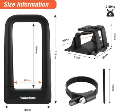 Велосипедний замок ValueMax U-Lock, міцний U-подібний замок із дужкою товщиною 14 мм, замок високої безпеки з кронштейном, 2 ключі, для велосипедів, електровелосипедів, мотоциклів та скляних дверей, чорний
