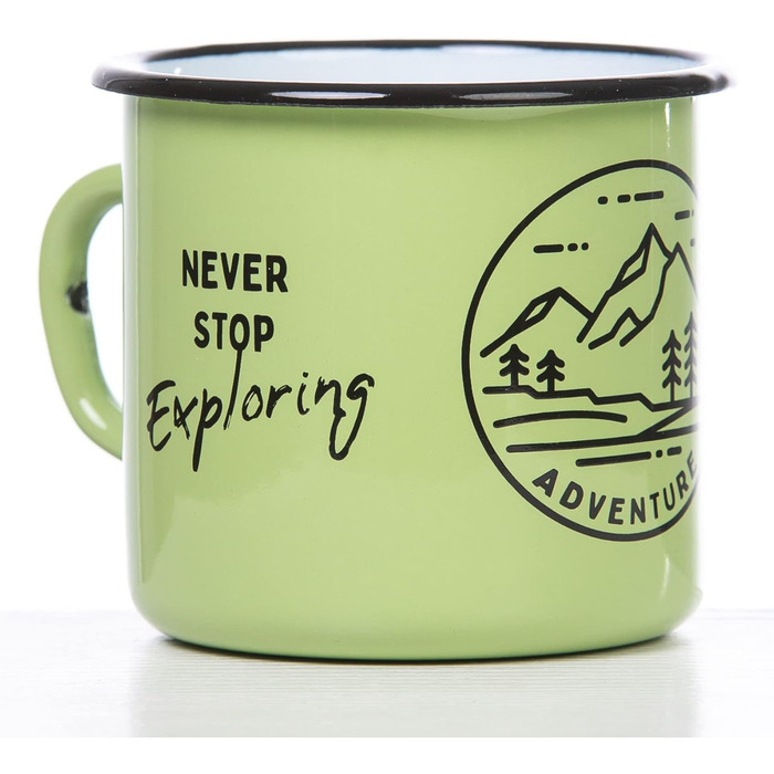 Емальована кружка MUGSY, Ніколи не припиняйте досліджувати, 330 мл, Мотив природи та приказка, Емальована чашка, Стійка до ударів, Зелена