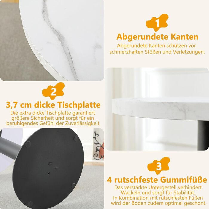 Круглий обідній стіл Mingone 80 см, кухонний стіл білого кольору з мармуровим ефектом - стільниця з МДФ та металевий каркас - для кухні, їдальні, балкону, вітальні. Круглий обідній стіл 80 см білого кольору.