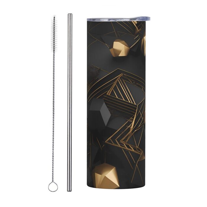 Кухоль з прямою трубочкою, 590 мл, чорно-золотий, картатий, з принтом, дорожній кухоль, підходить для кемпінгу, офісу та дому