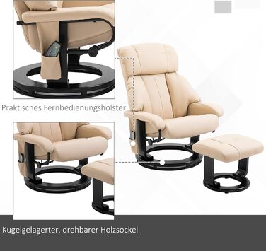 Крісло-реклайнер HOMCOM з підніжкою, обертове крісло для телевізора з функцією масажу, функція відкидання, масажне крісло з пультом дистанційного керування, бічна кишеня, крісло-реклайнер зі штучної шкіри для вітальні, кремово-білий, Д76 x Ш80 x В102 см