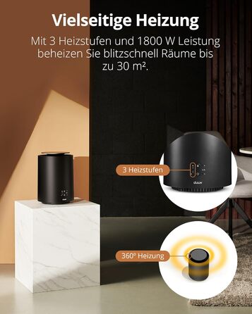 Розумний керамічний вентилятор-обігрівач Duux Threesixty 2 - Тихий - Електричний обігрівач на 360 з потужністю 1800 Вт та 3 рівнями потужності - Енергозберігаючий вентилятор-обігрівач з інтелектуальним керуванням - Чорний
