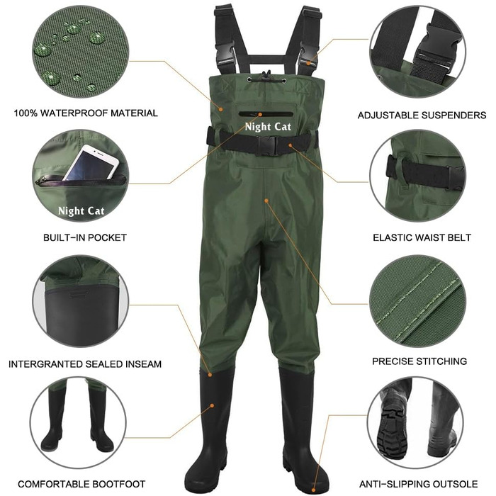 Вейдерси Night Cat для чоловіків та жінок, водонепроникні та дихаючі вейдерси з черевиками, 43W, зелені