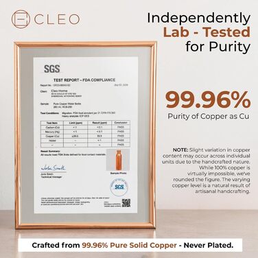 Пляшка для води CLEO HOME (950 мл/32 унції) ручної роботи, кувана, зі 100 аюрведичної міді, зі щіткою для чищення та лляним чохлом Перевірена в лабораторії, герметична пляшка, класична