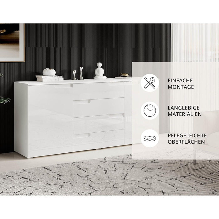 Комод Stella Trading SPICE, глянцевий білий - Сучасний комод з великою кількістю місця для зберігання речей у вашій вітальні - 165 x 80 x 40 см (Ш/В/Г)