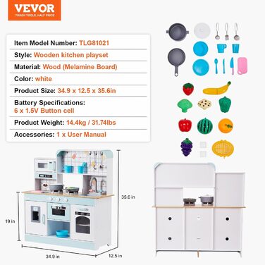 Дитяча кухня VEVOR 24 предмети, Ігрова кухня з підсвічуванням, звуками, дитяча кухня з морозивницею, духовкою, мийкою, мікрохвильо