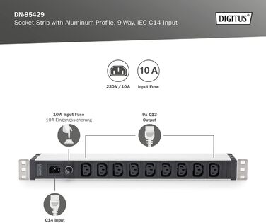 Подовжувач живлення DIGITUS 19 - - 1U - 250 В змінного струму - 50/60 Гц - 16 А - 4000 Вт (9 кранів, 9 кранів C13 - вхід C14, версія IEC)