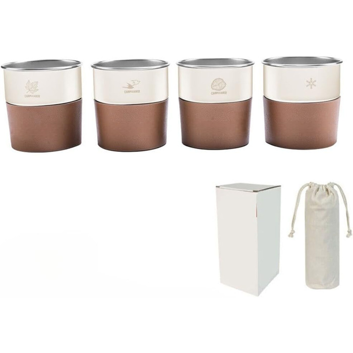 Набір із 4 стаканчиків з нержавіючої сталі об&39ємом 300 мл з тримачем зі штучної шкіри для походів та подорожей на свіжому повітрі