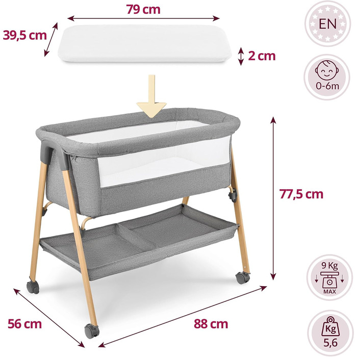 Дитяче ліжечко Moby-System Mili Дорожнє ліжечко 06 місяців, Складане з матрацом, Сітчасті боковини, Місце для зберігання, Колеса з гальмом, Легке та стійке, Сірого кольору, Для новонароджених, Приліжкове ліжечко без свердління, Макс. 9 кг.