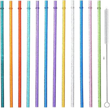 Багаторазові прозорі пластикові соломинки ALINK 12 Pack Glitter, тверді трубки-тумблери довжиною 27,9 см зі щіткою для чищення (12